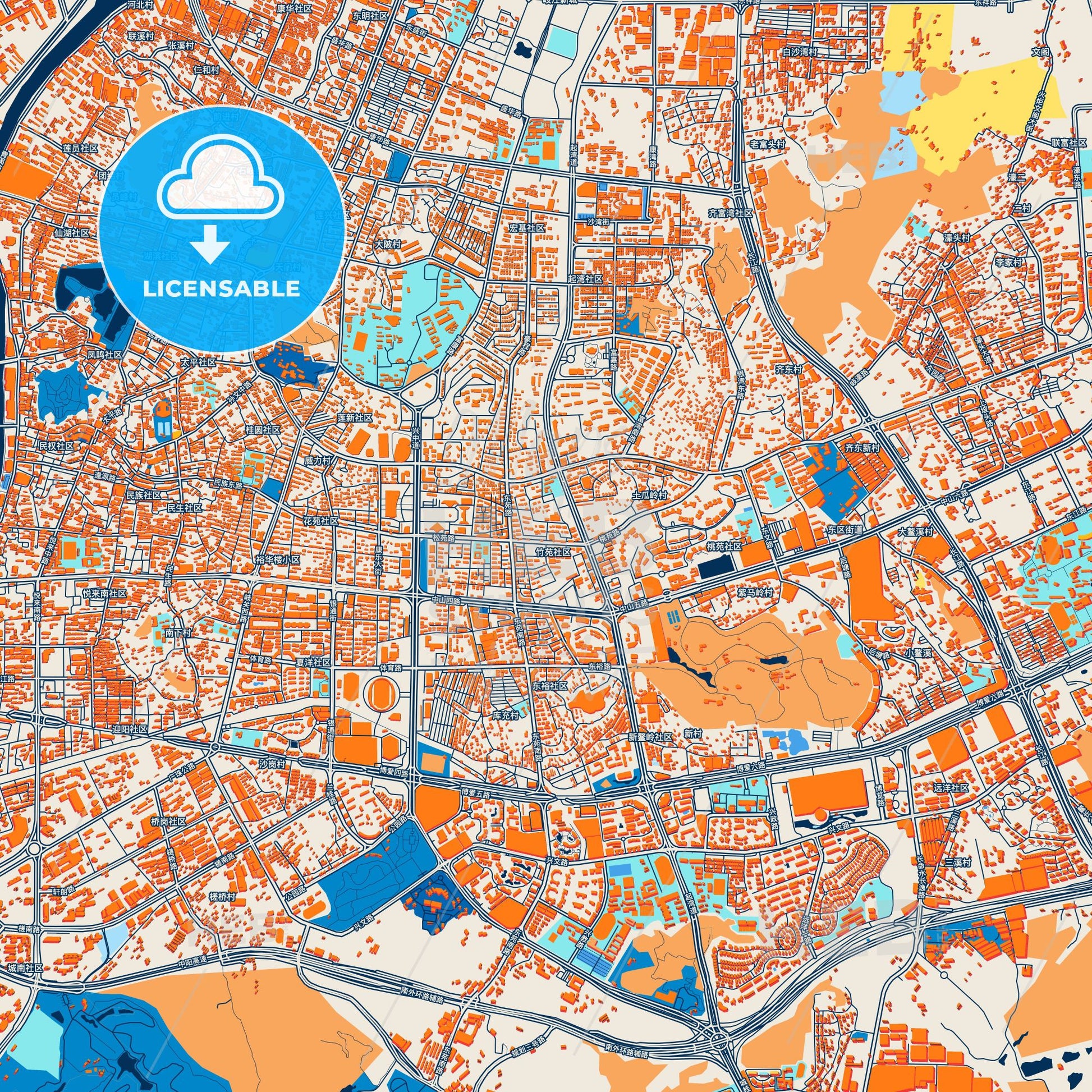 Colorful Zhongshan Street Map with Labels and Buildings