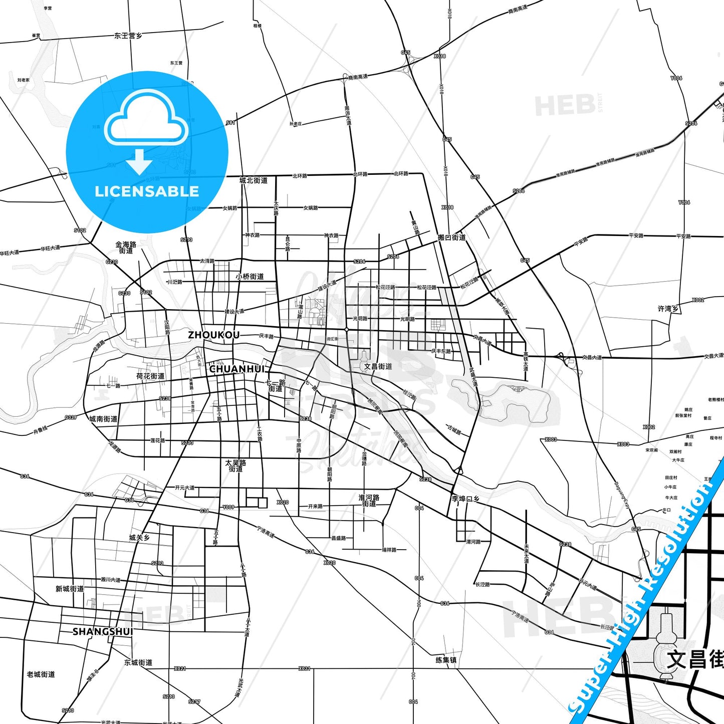 Zhoukou, China light map with streetnames, citynames and districts