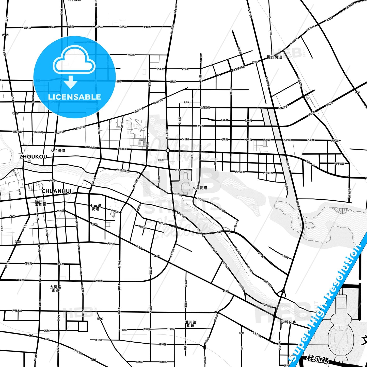 Zhoukou, China Light Map with Street Names, City Names, and Districts