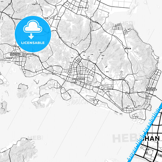 Zhoushan, China light map with streetnames, citynames and districts