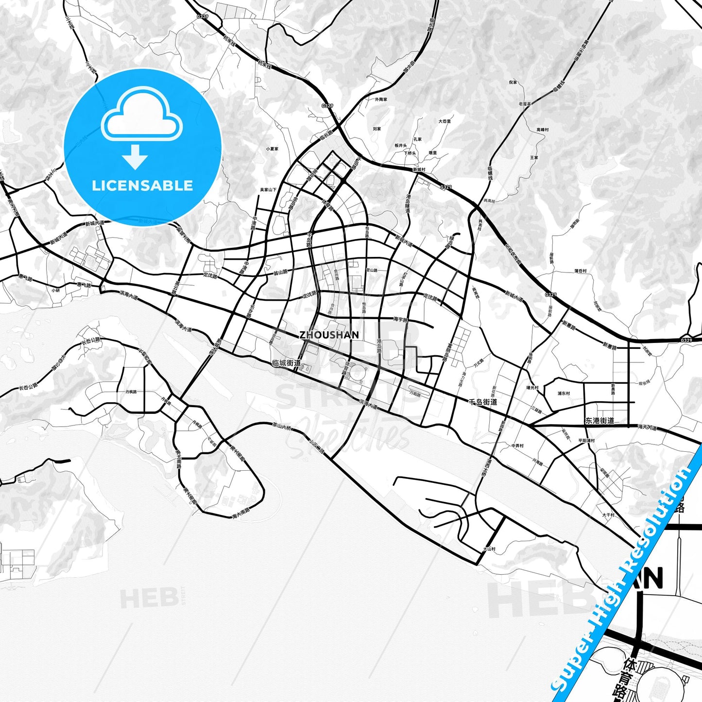 Zhoushan, China Light Map with Street Names, City Names, and Districts