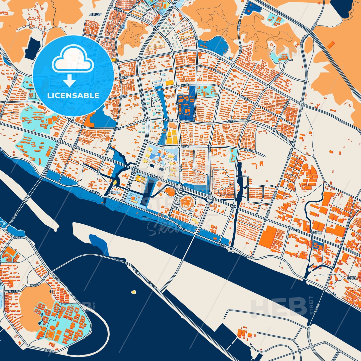 Colorful Zhoushan Street Map with Labels and Buildings
