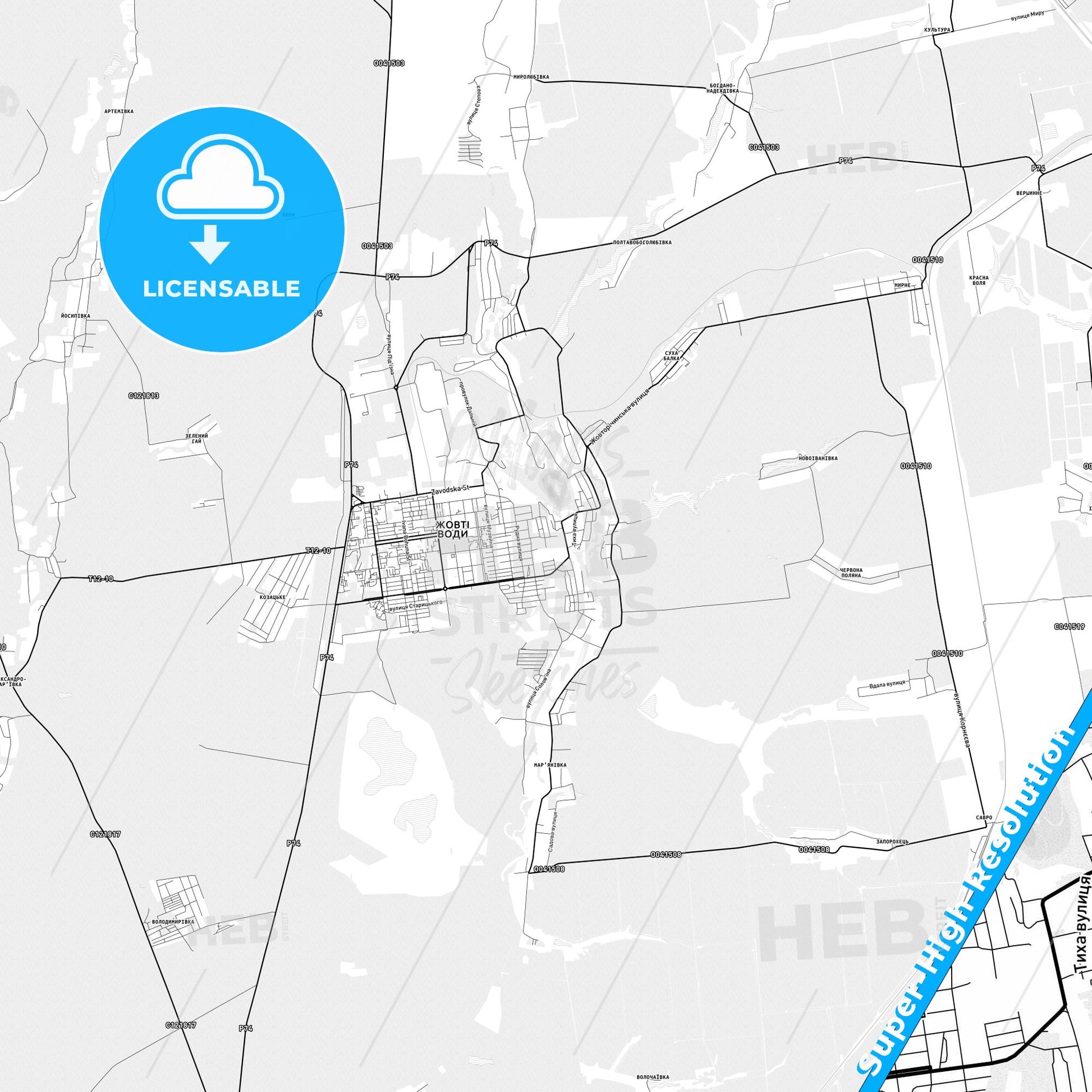 Zhovti Vody, Ukraine light map with streetnames, citynames and districts