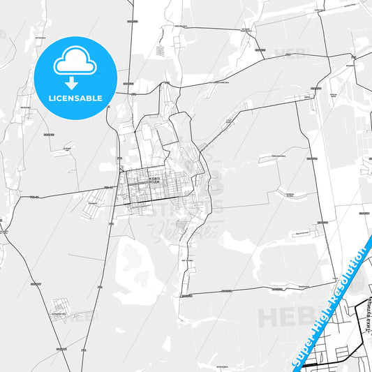 Zhovti Vody, Ukraine light map with streetnames, citynames and districts