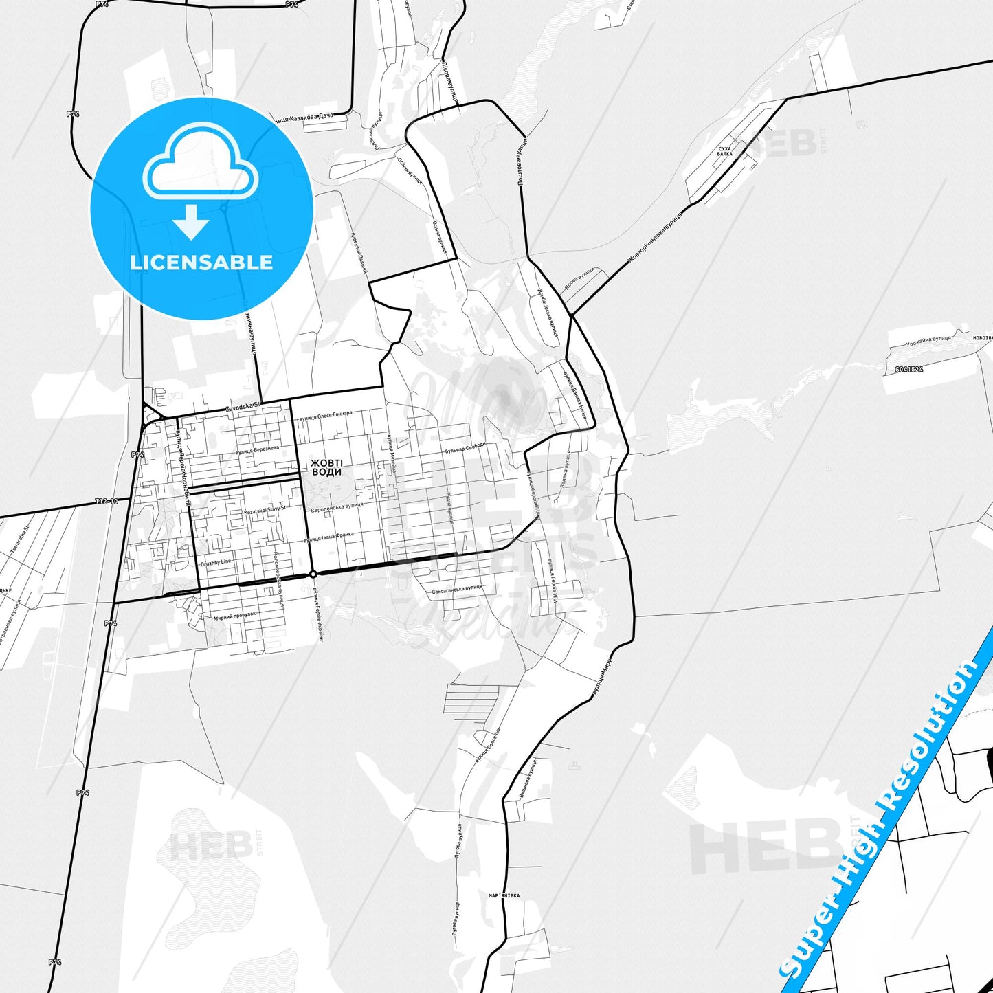 Zhovti Vody, Ukraine Light Map with Street Names, City Names, and Districts