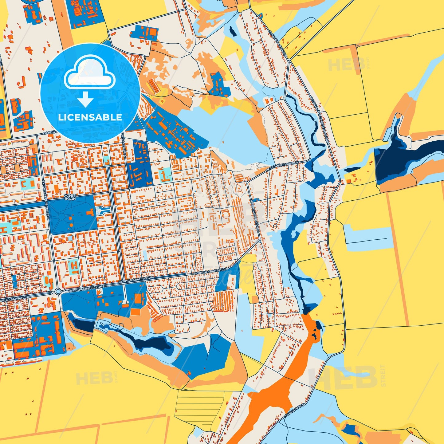 Colorful Zhovti Vody Street Map with Labels and Buildings
