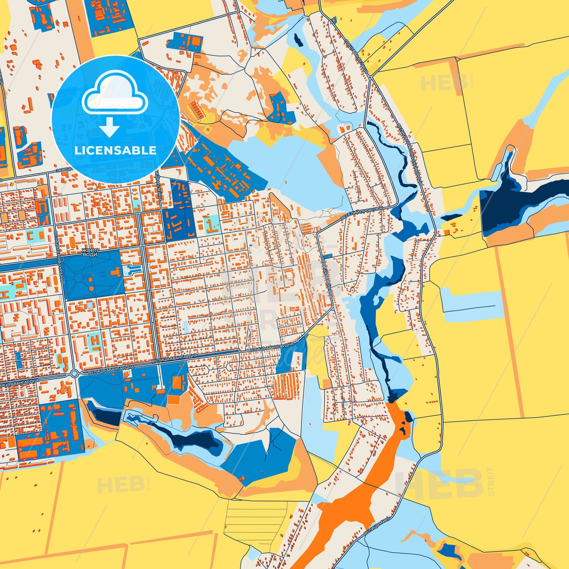 Colorful Zhovti Vody Street Map with Labels and Buildings