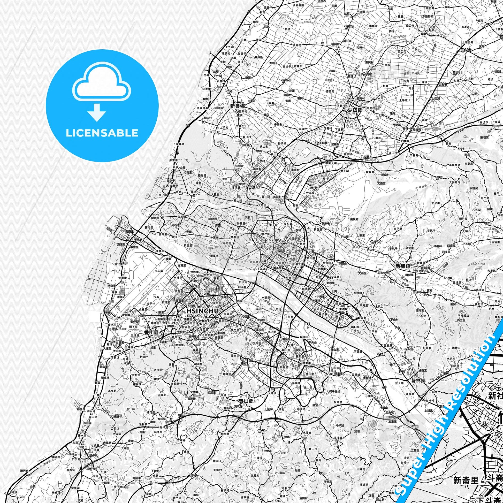 Zhubei, Taiwan light map with streetnames, citynames and districts