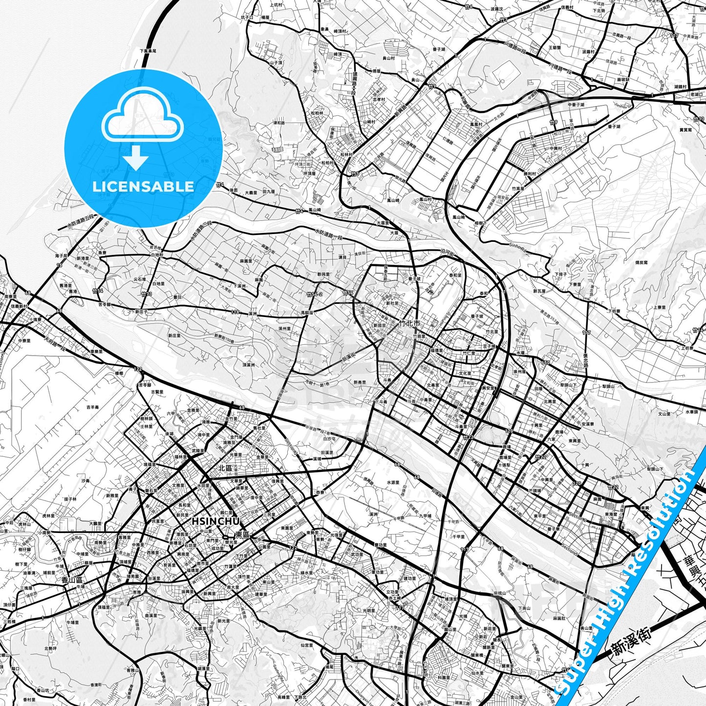 Zhubei, Taiwan Light Map with Street Names, City Names, and Districts