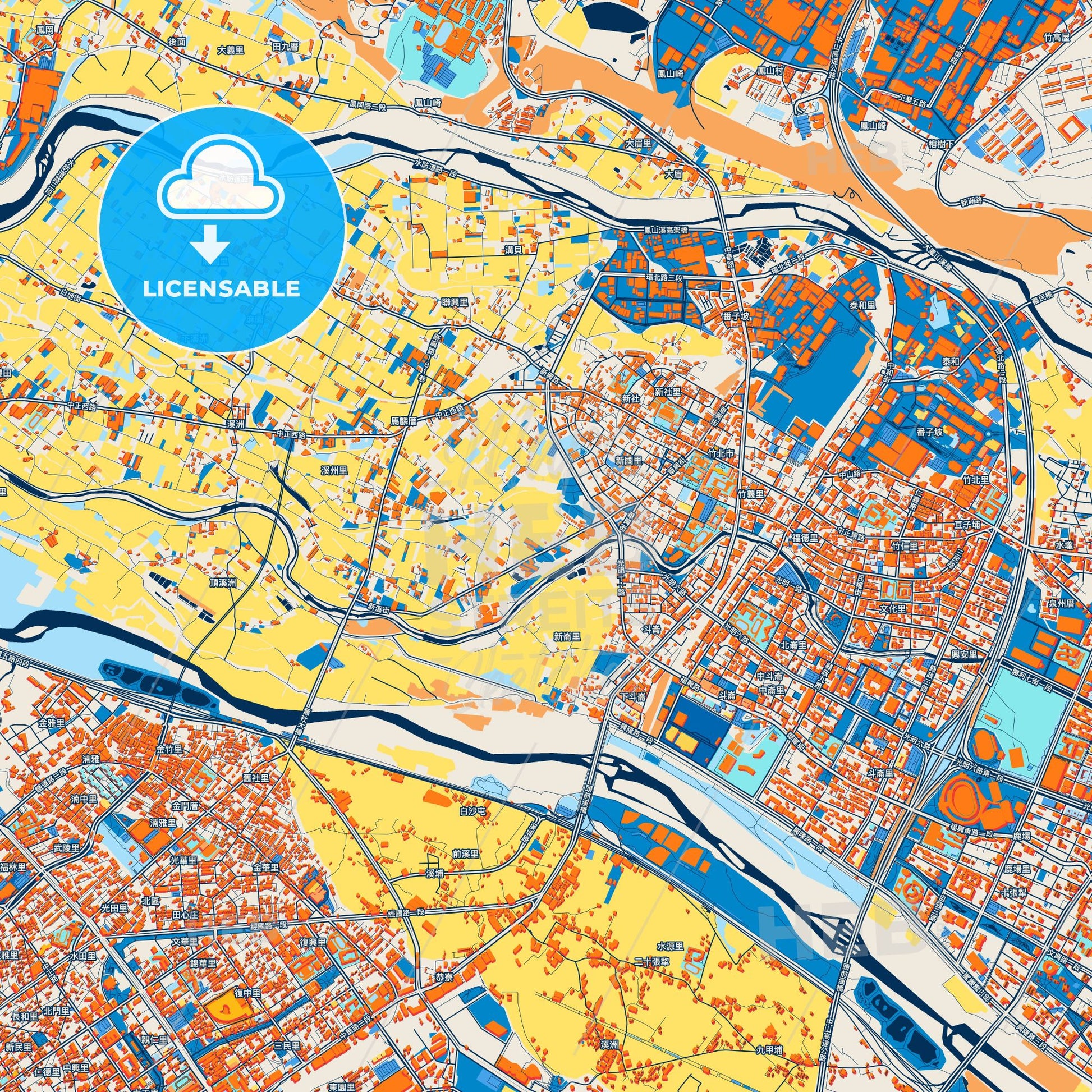 Colorful Zhubei Street Map with Labels and Buildings