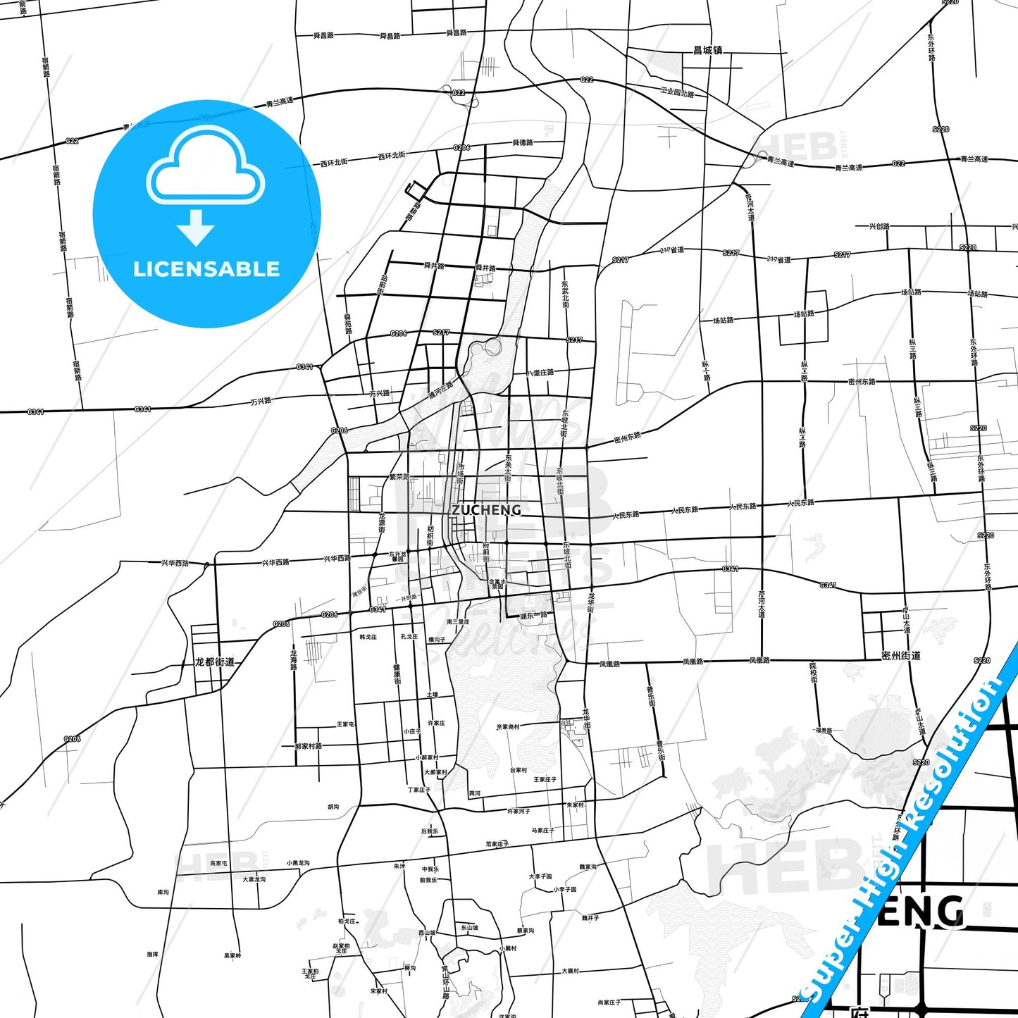 Zhucheng, China light map with streetnames, citynames and districts