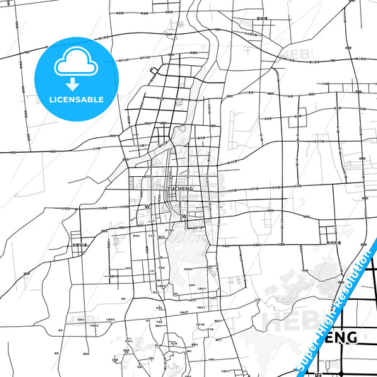 Zhucheng, China light map with streetnames, citynames and districts