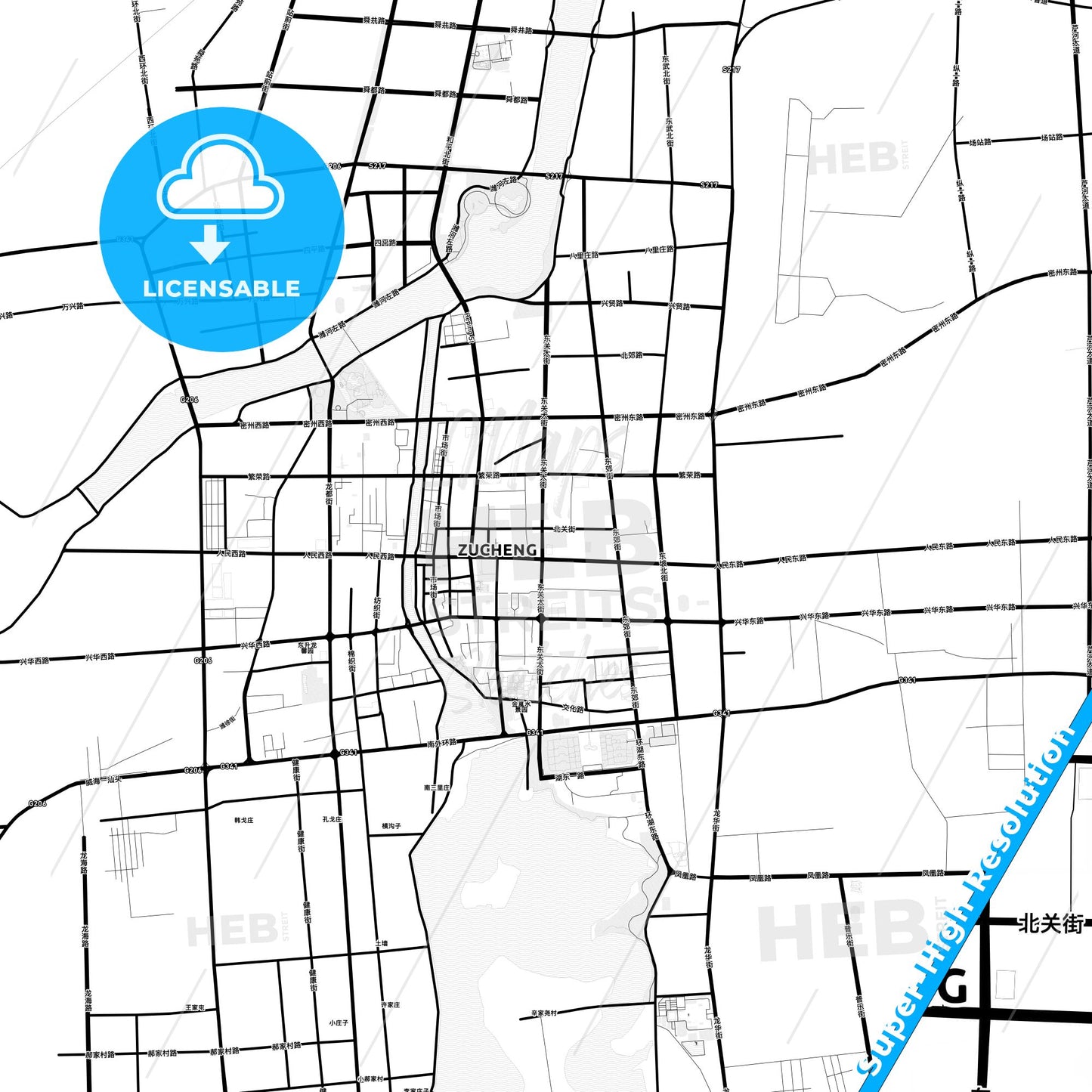 Zhucheng, China Light Map with Street Names, City Names, and Districts