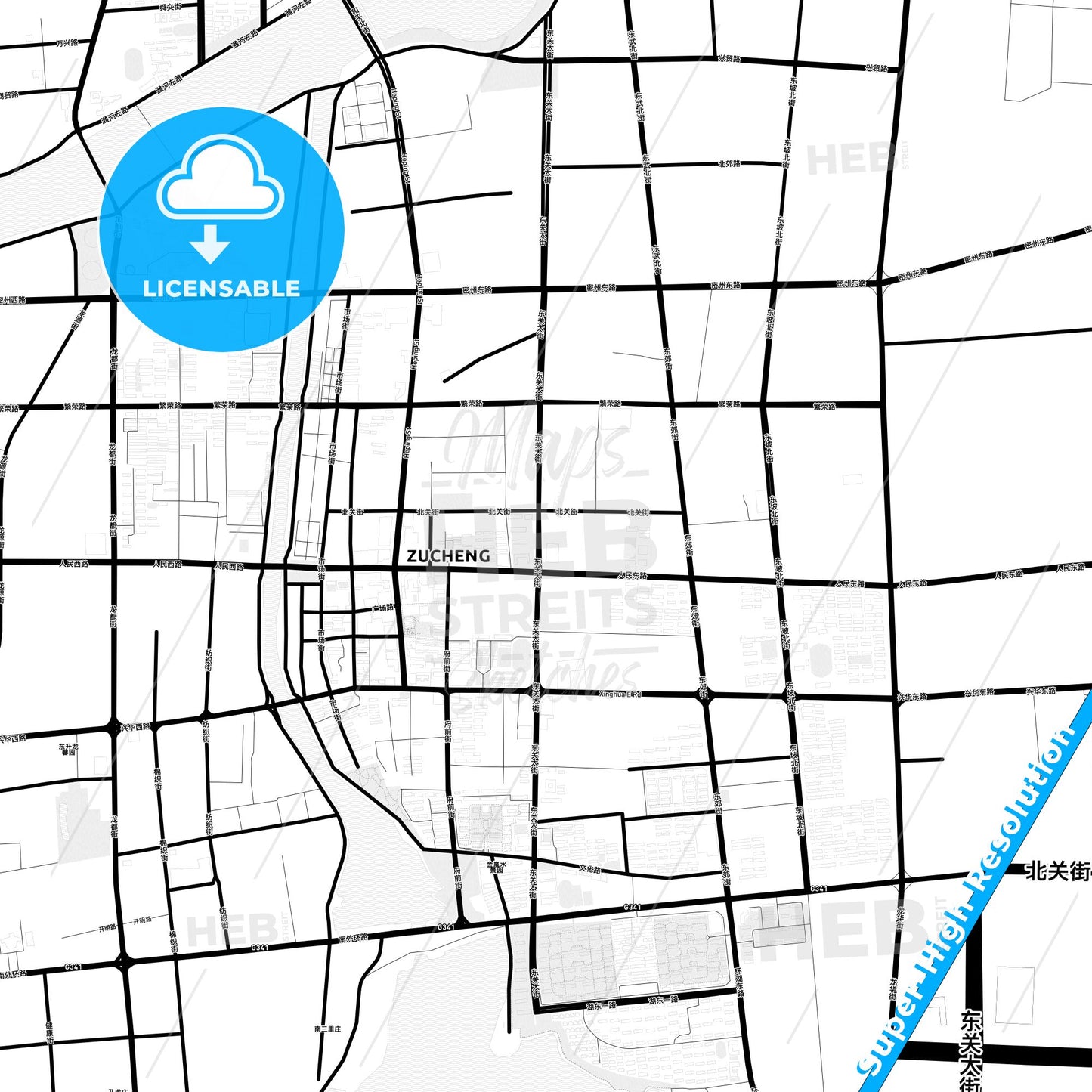 Zhucheng, China Light Map with Street Names, City Names, and Districts