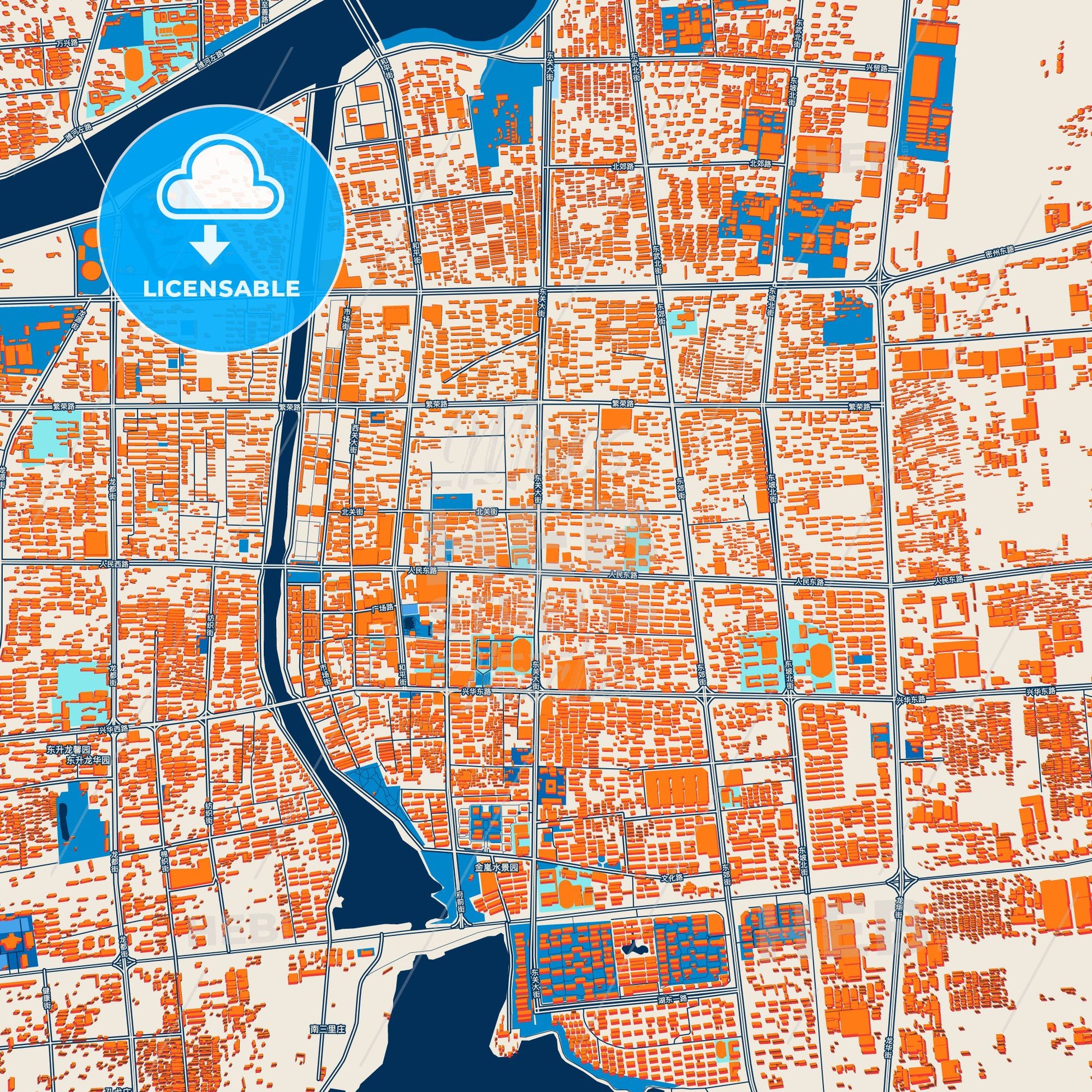 Colorful Zhucheng Street Map with Labels and Buildings