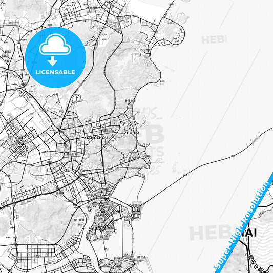 Zhuhai, China light map with streetnames, citynames and districts