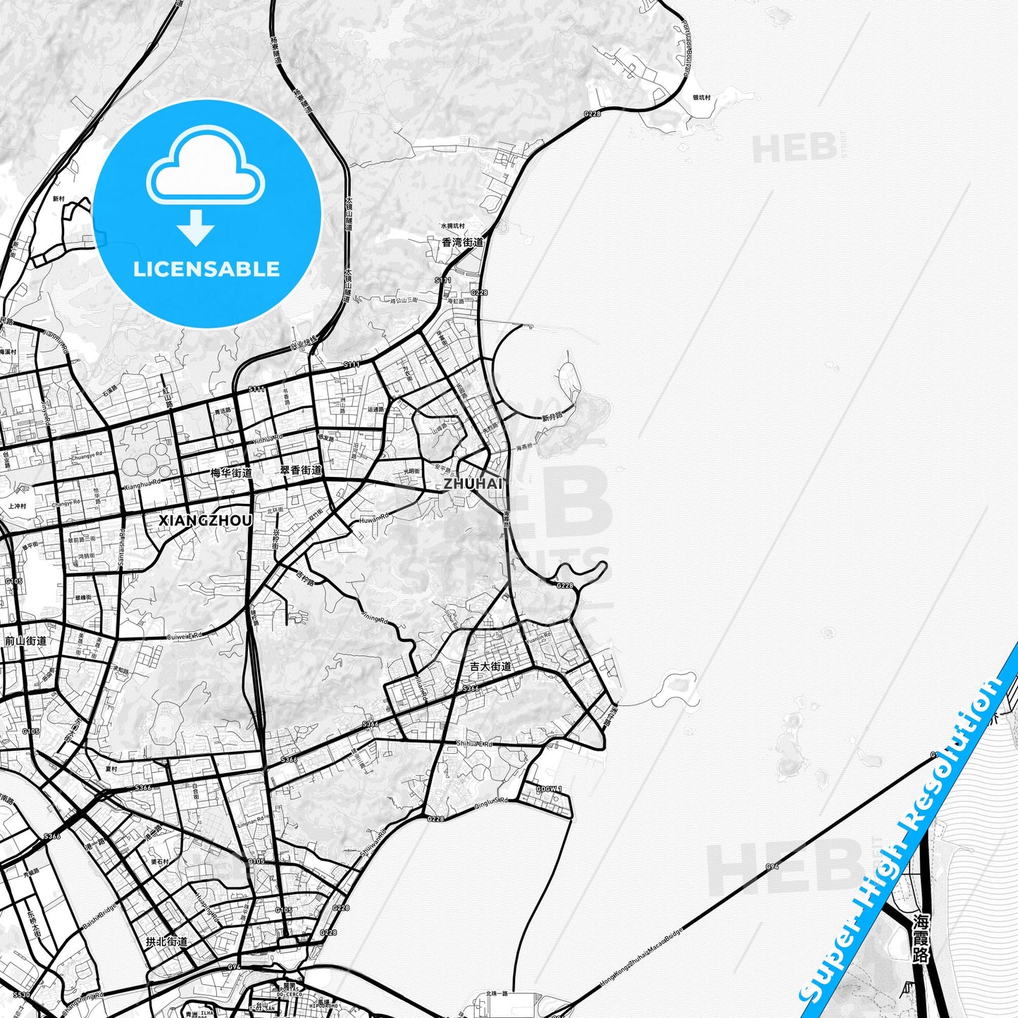 Zhuhai, China Light Map with Street Names, City Names, and Districts