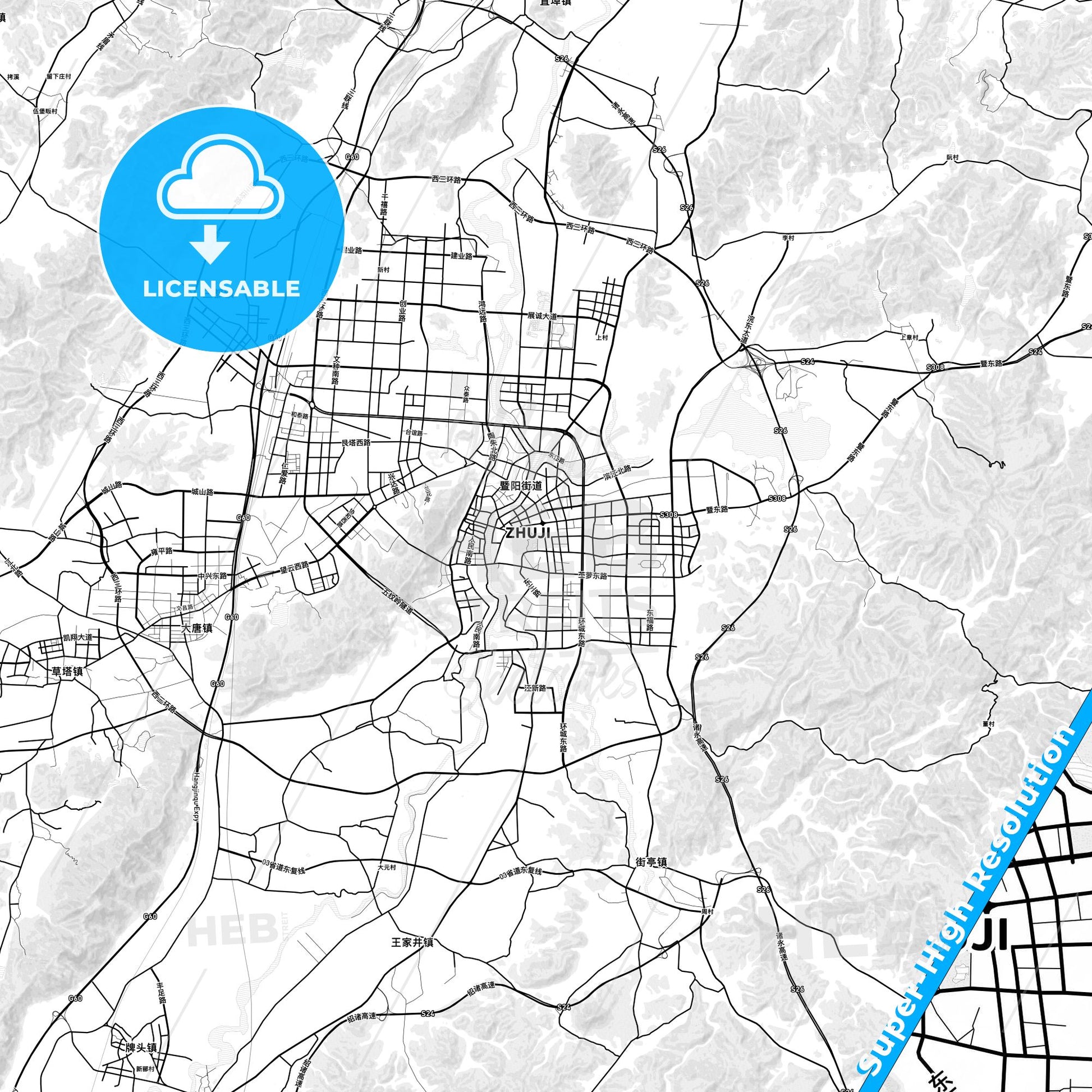 Zhuji, China light map with streetnames, citynames and districts