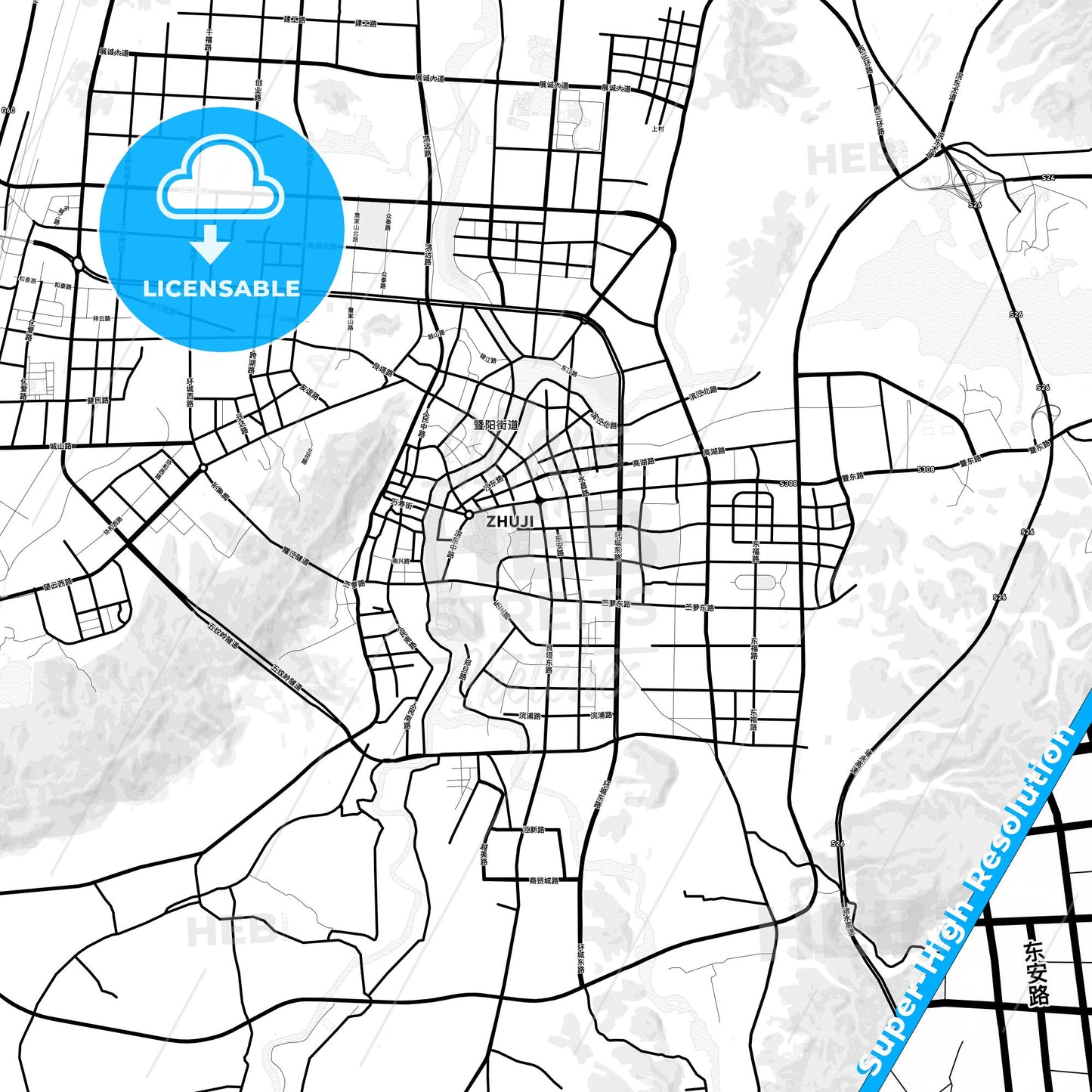 Zhuji, China Light Map with Street Names, City Names, and Districts