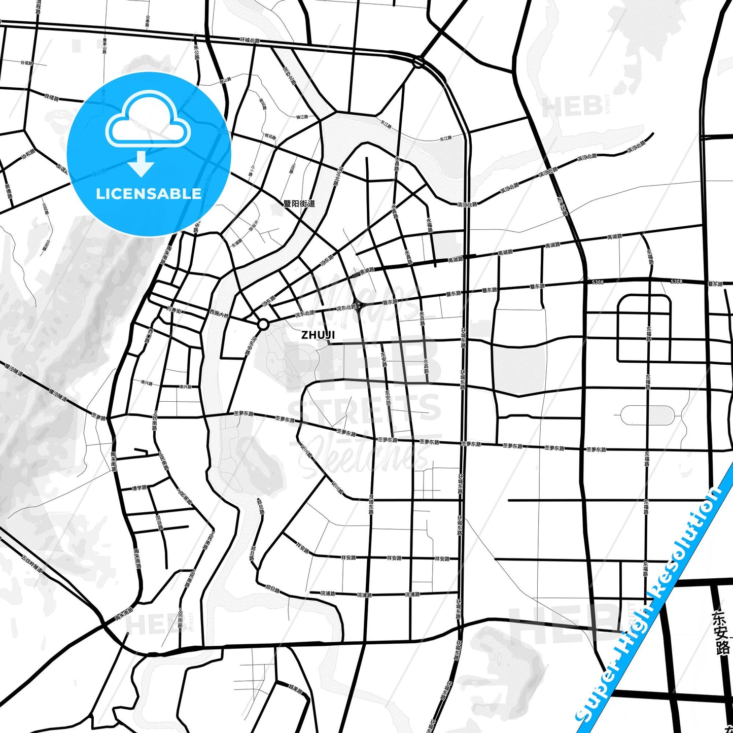 Zhuji, China Light Map with Street Names, City Names, and Districts