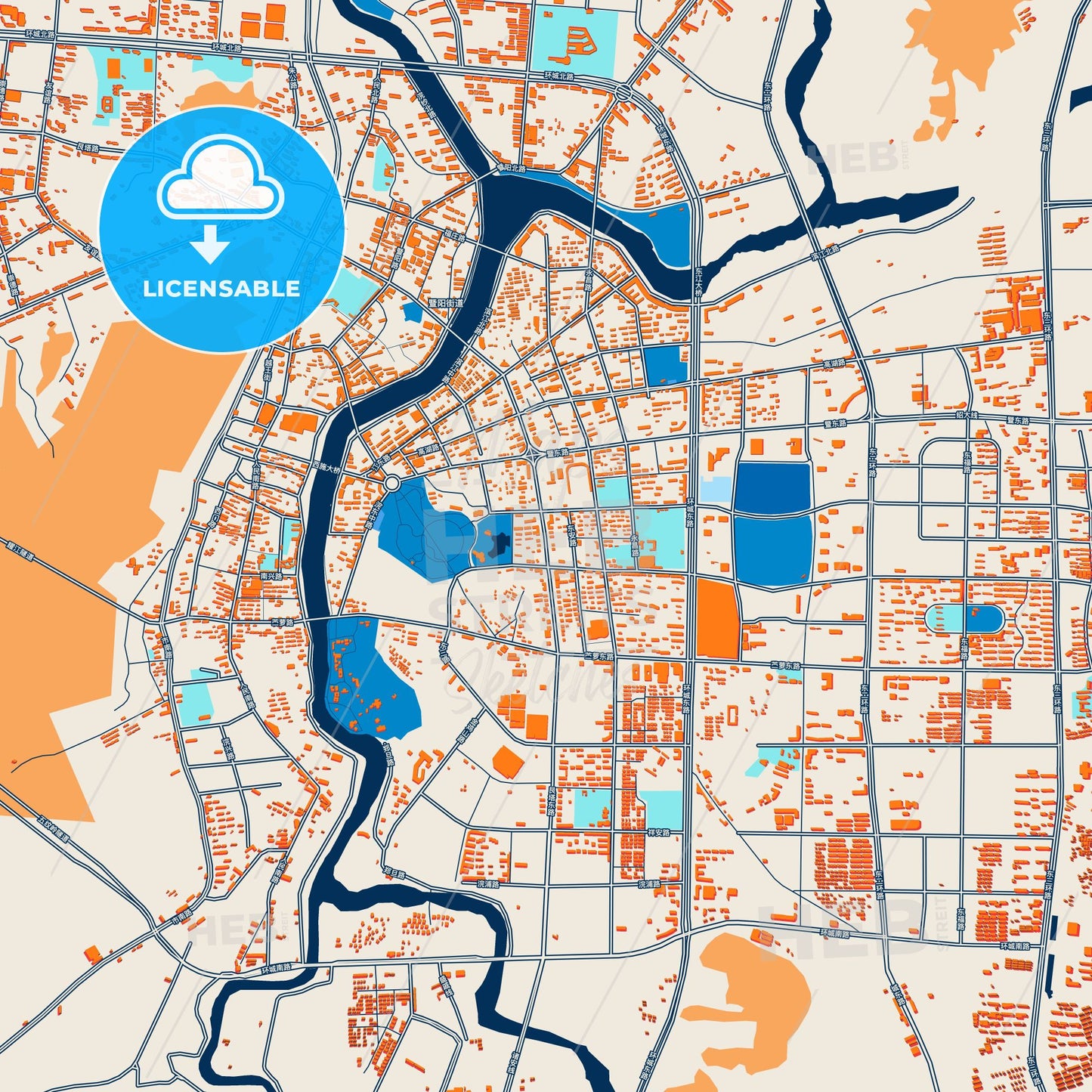 Colorful Zhuji Street Map with Labels and Buildings