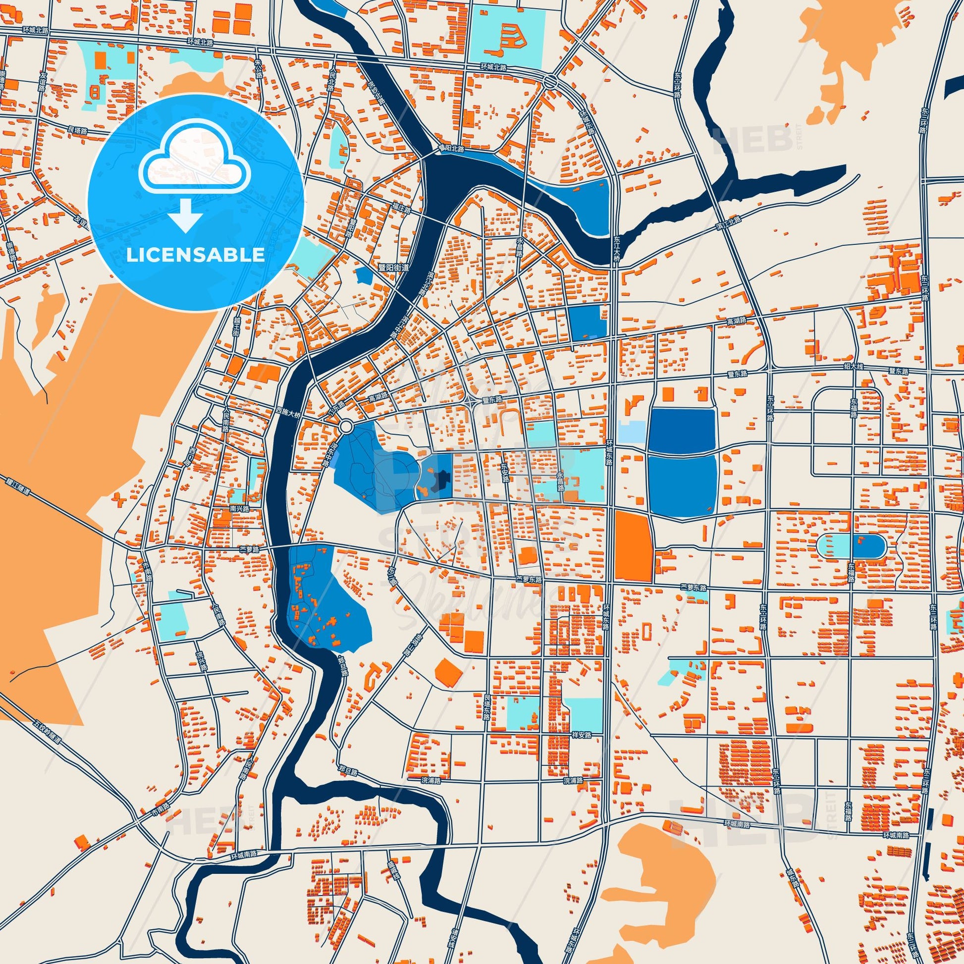Colorful Zhuji Street Map with Labels and Buildings