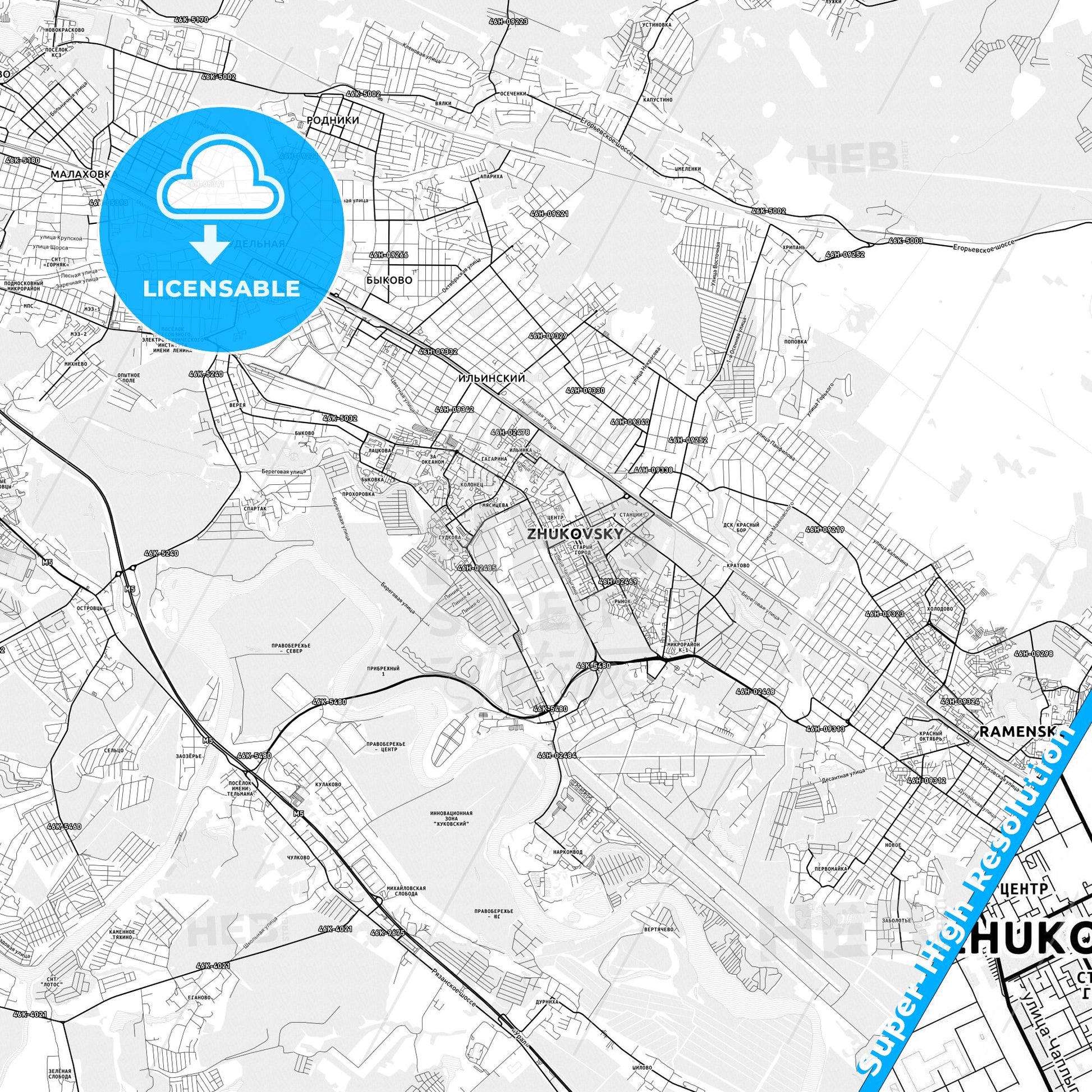 Zhukovsky, Russia light map with streetnames, citynames and districts