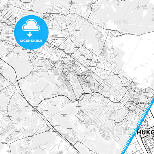 Zhukovsky, Russia light map with streetnames, citynames and districts