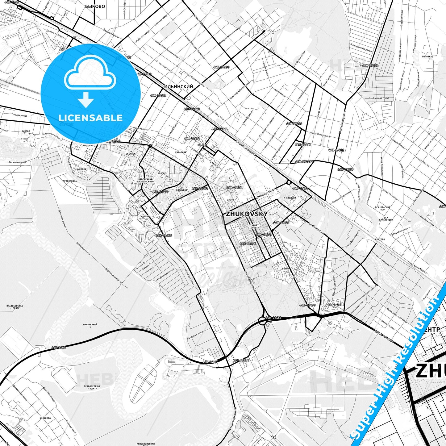 Zhukovsky, Russia Light Map with Street Names, City Names, and Districts