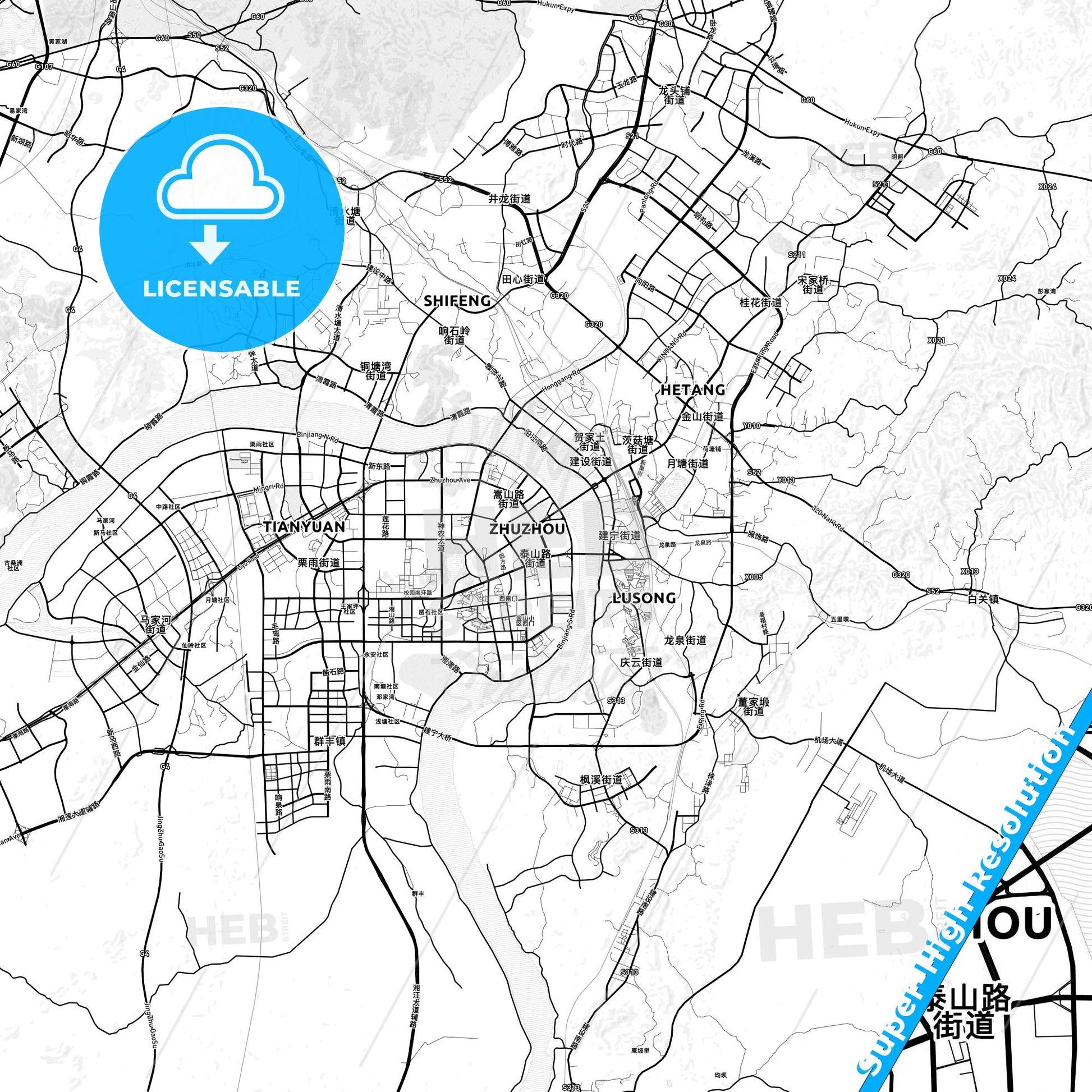 Zhuzhou, China light map with streetnames, citynames and districts