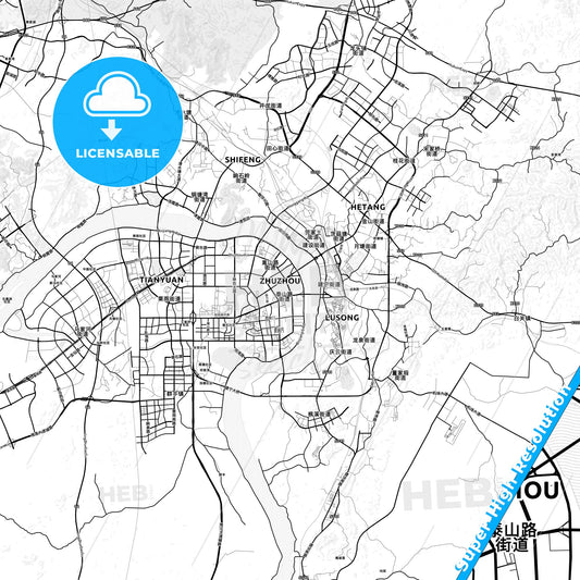 Zhuzhou, China light map with streetnames, citynames and districts