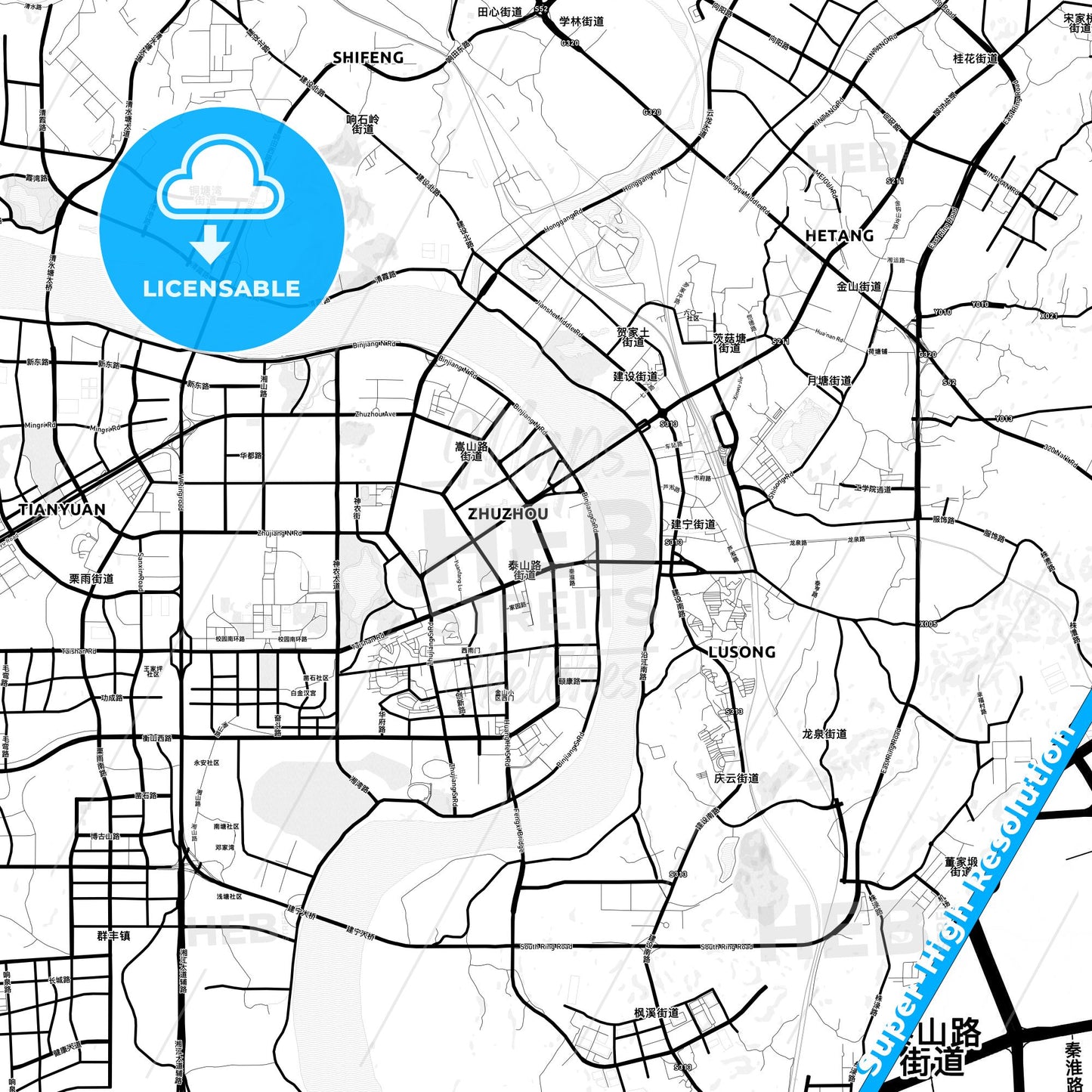 Zhuzhou, China Light Map with Street Names, City Names, and Districts