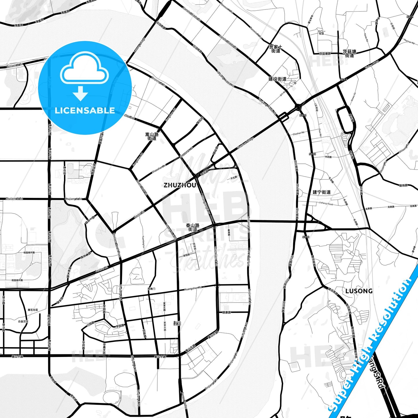 Zhuzhou, China Light Map with Street Names, City Names, and Districts