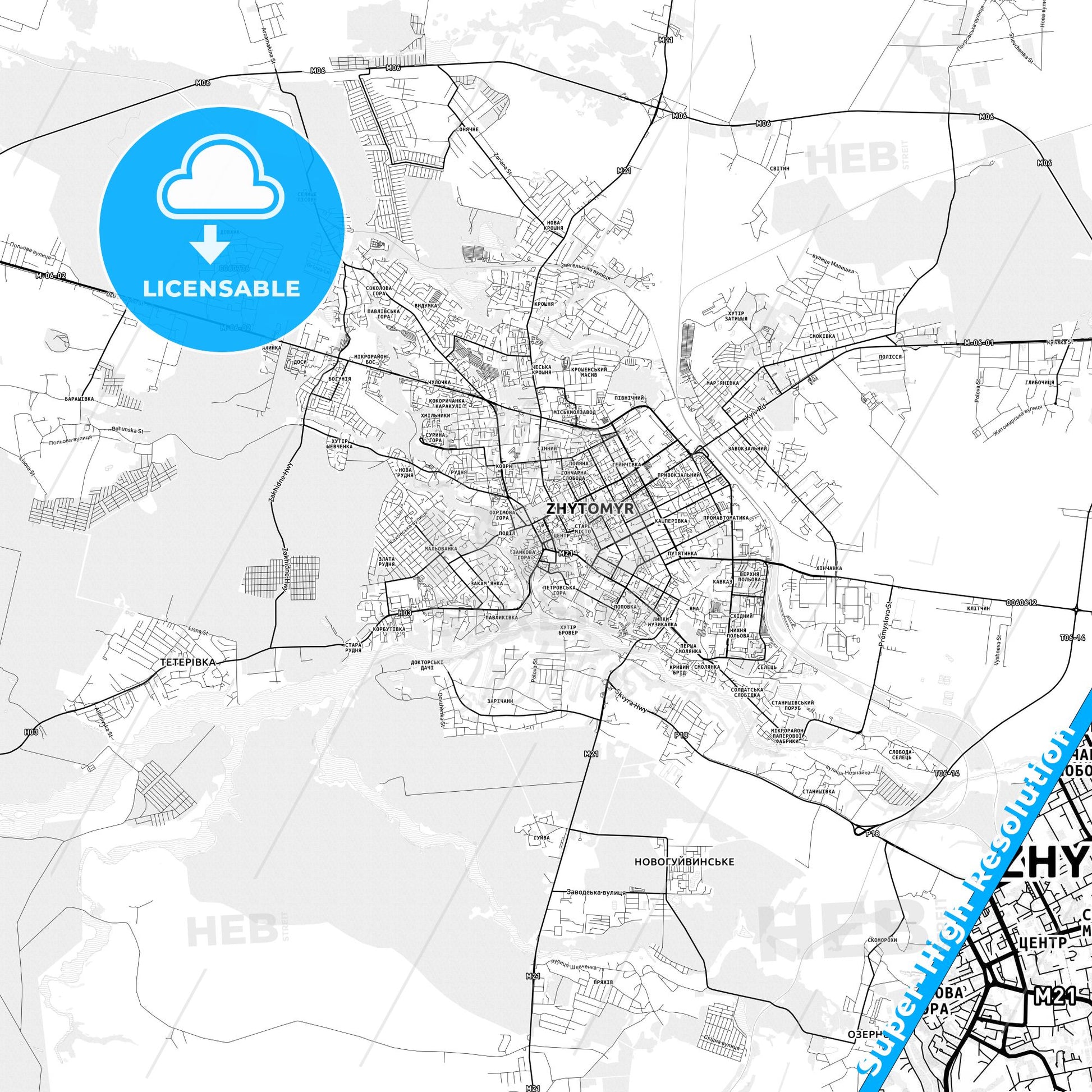 Zhytomyr, Ukraine light map with streetnames, citynames and districts