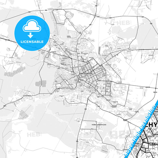 Zhytomyr, Ukraine light map with streetnames, citynames and districts