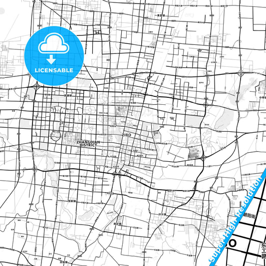 Zibo, China light map with streetnames, citynames and districts