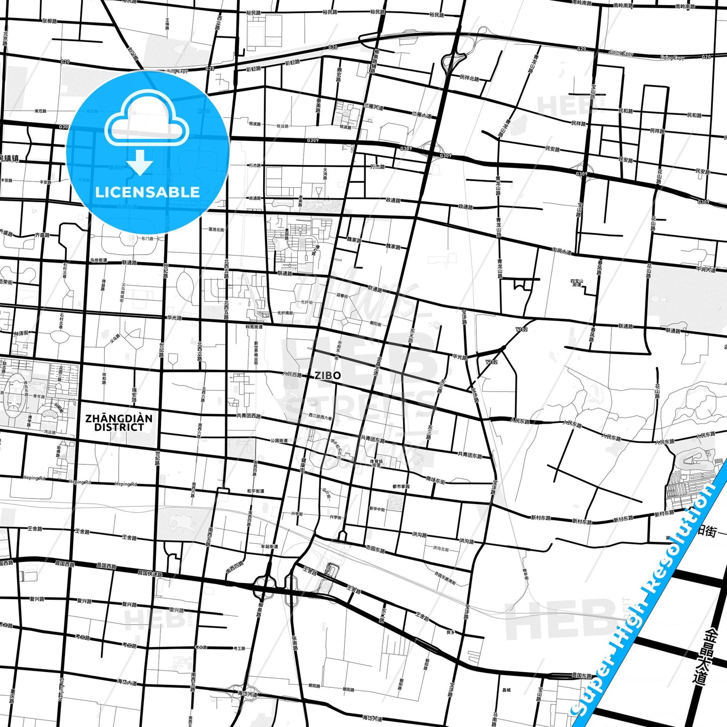 Zibo, China Light Map with Street Names, City Names, and Districts
