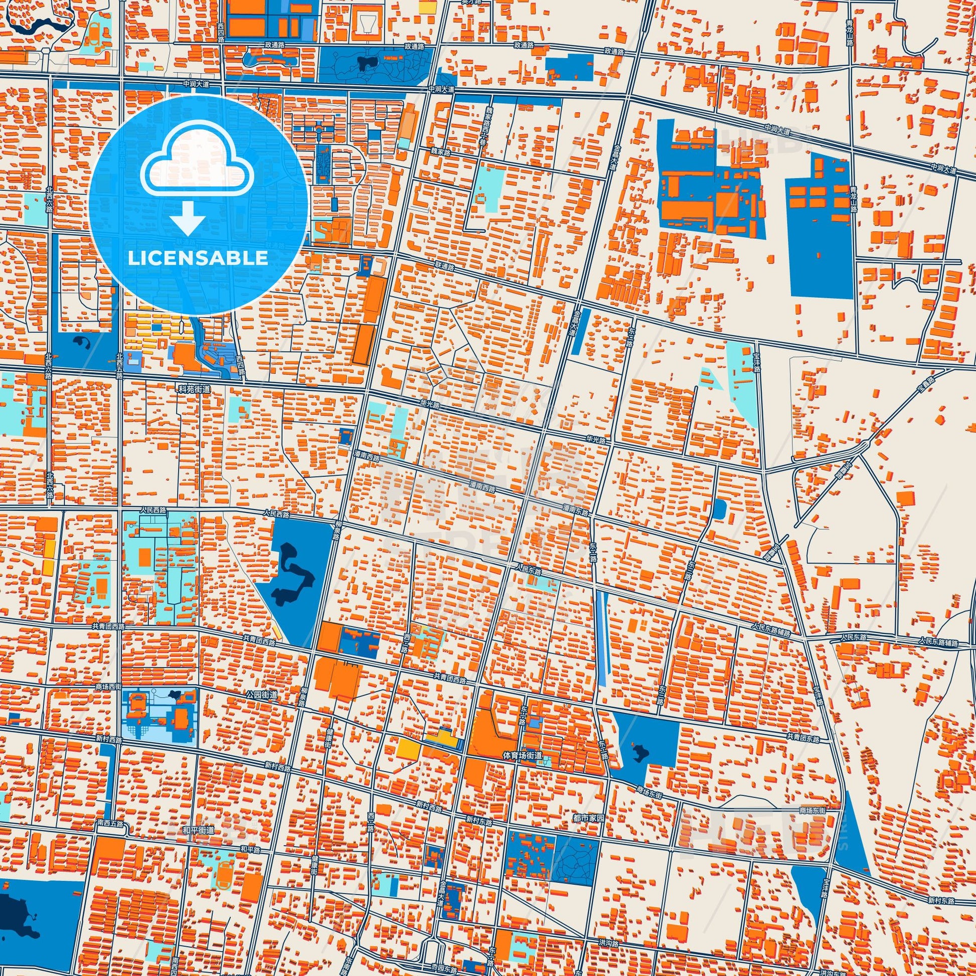 Colorful Zibo Street Map with Labels and Buildings