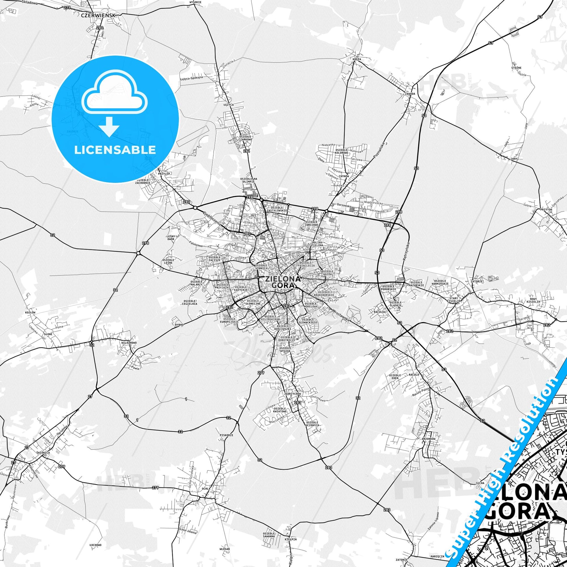 Zielona Góra, Poland light map with streetnames, citynames and districts