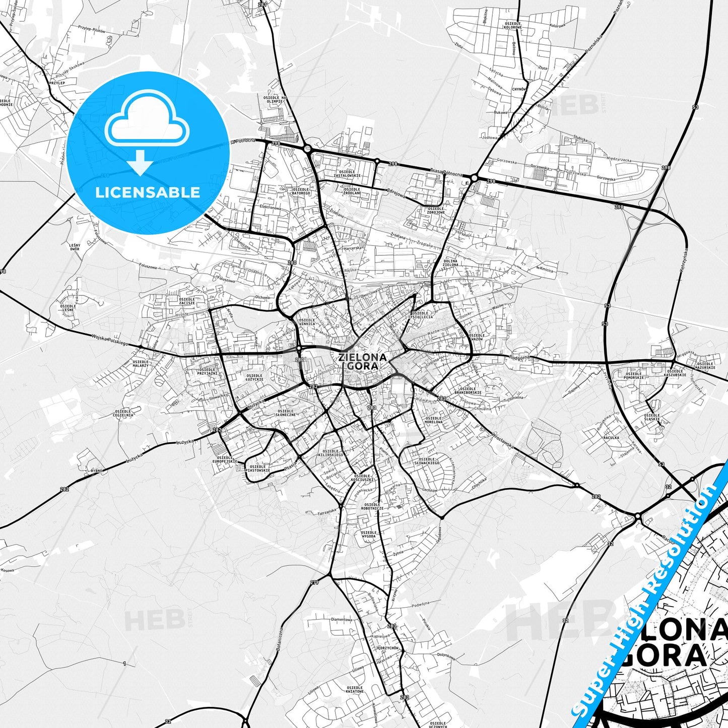 Zielona Góra, Poland Light Map with Street Names, City Names, and Districts