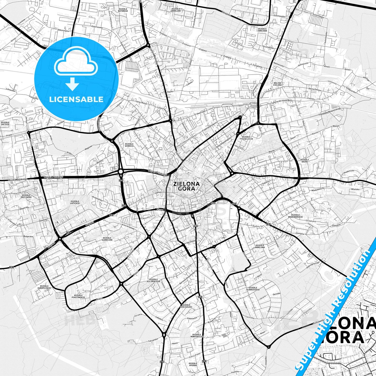 Zielona Góra, Poland Light Map with Street Names, City Names, and Districts