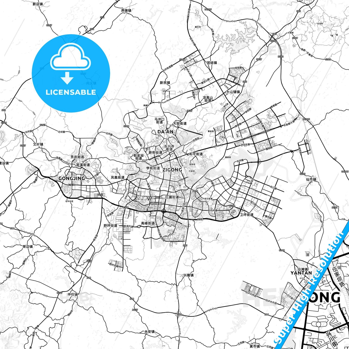 Zigong, China light map with streetnames, citynames and districts