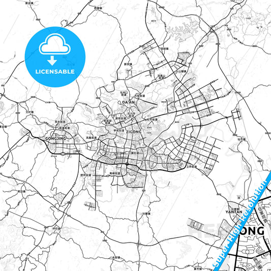 Zigong, China light map with streetnames, citynames and districts
