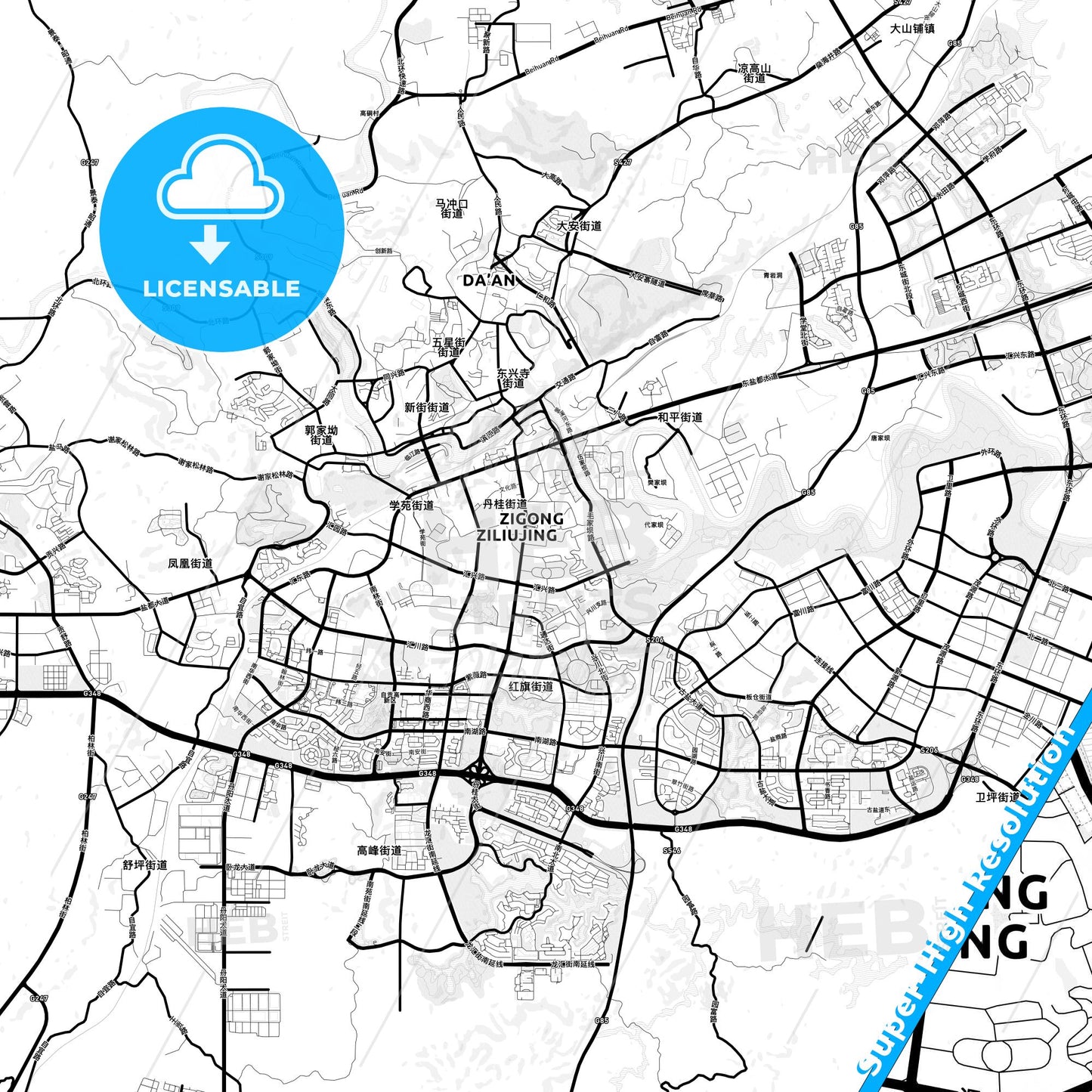 Zigong, China Light Map with Street Names, City Names, and Districts
