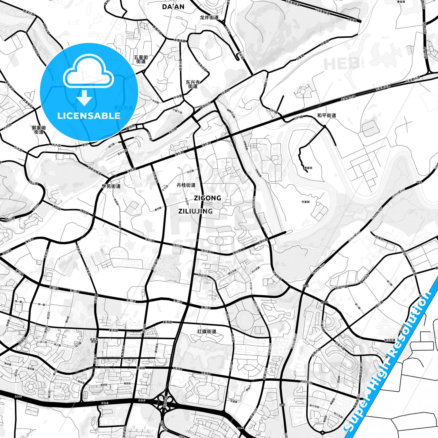 Zigong, China Light Map with Street Names, City Names, and Districts