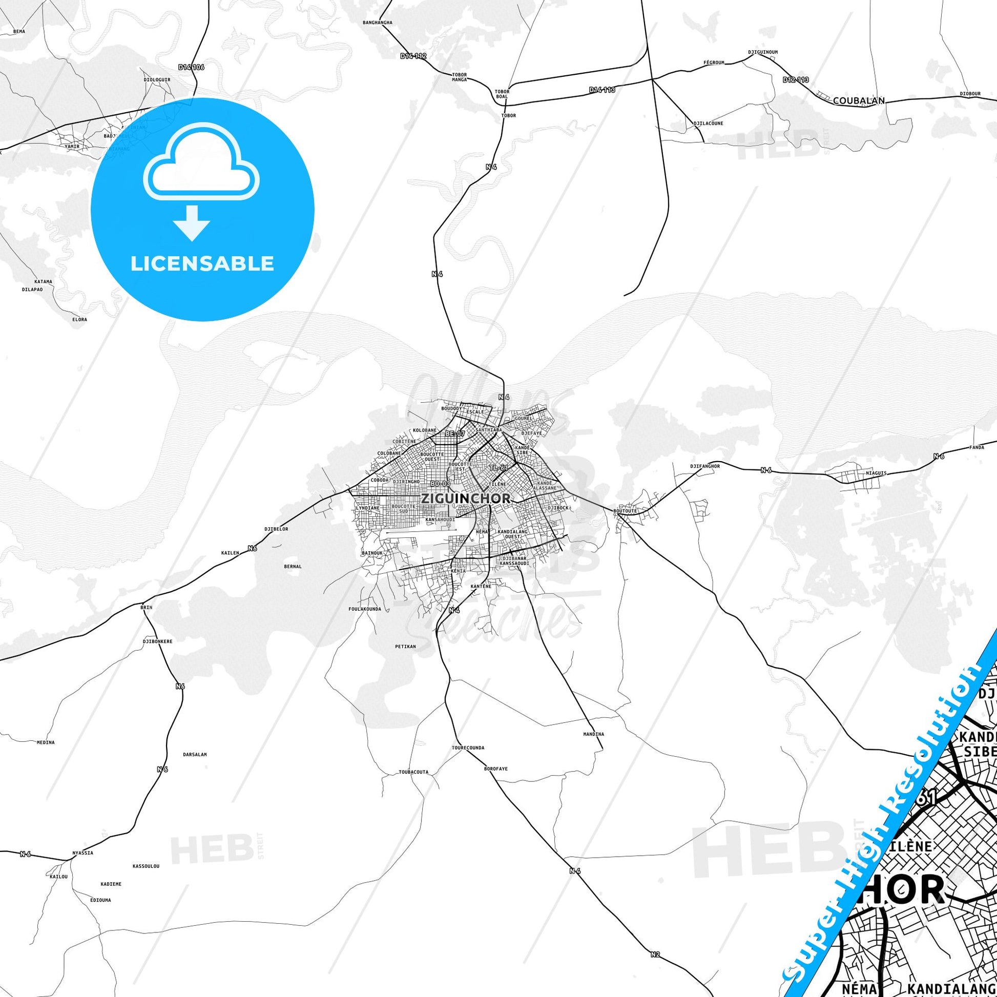 Ziguinchor, Senegal light map with streetnames, citynames and districts