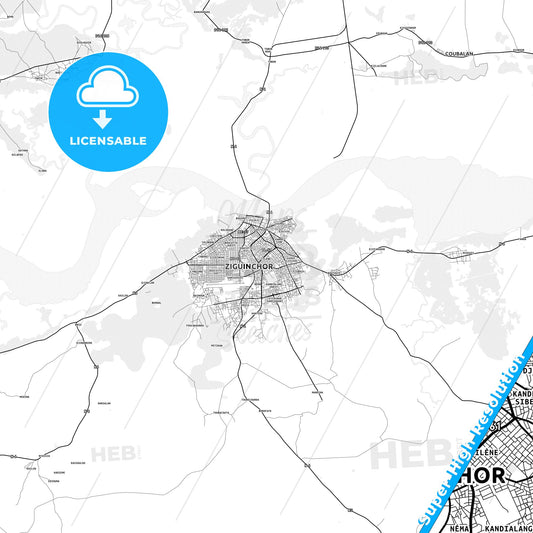 Ziguinchor, Senegal light map with streetnames, citynames and districts