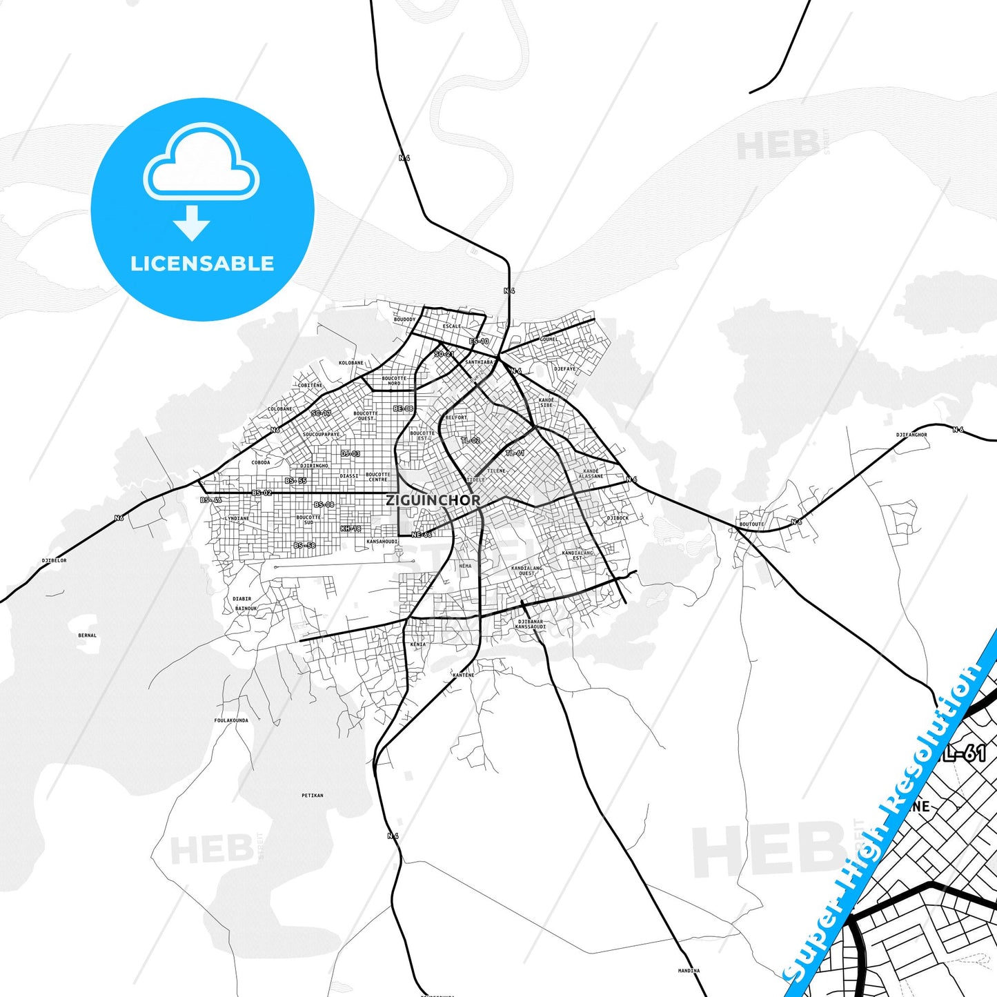 Ziguinchor, Senegal Light Map with Street Names, City Names, and Districts