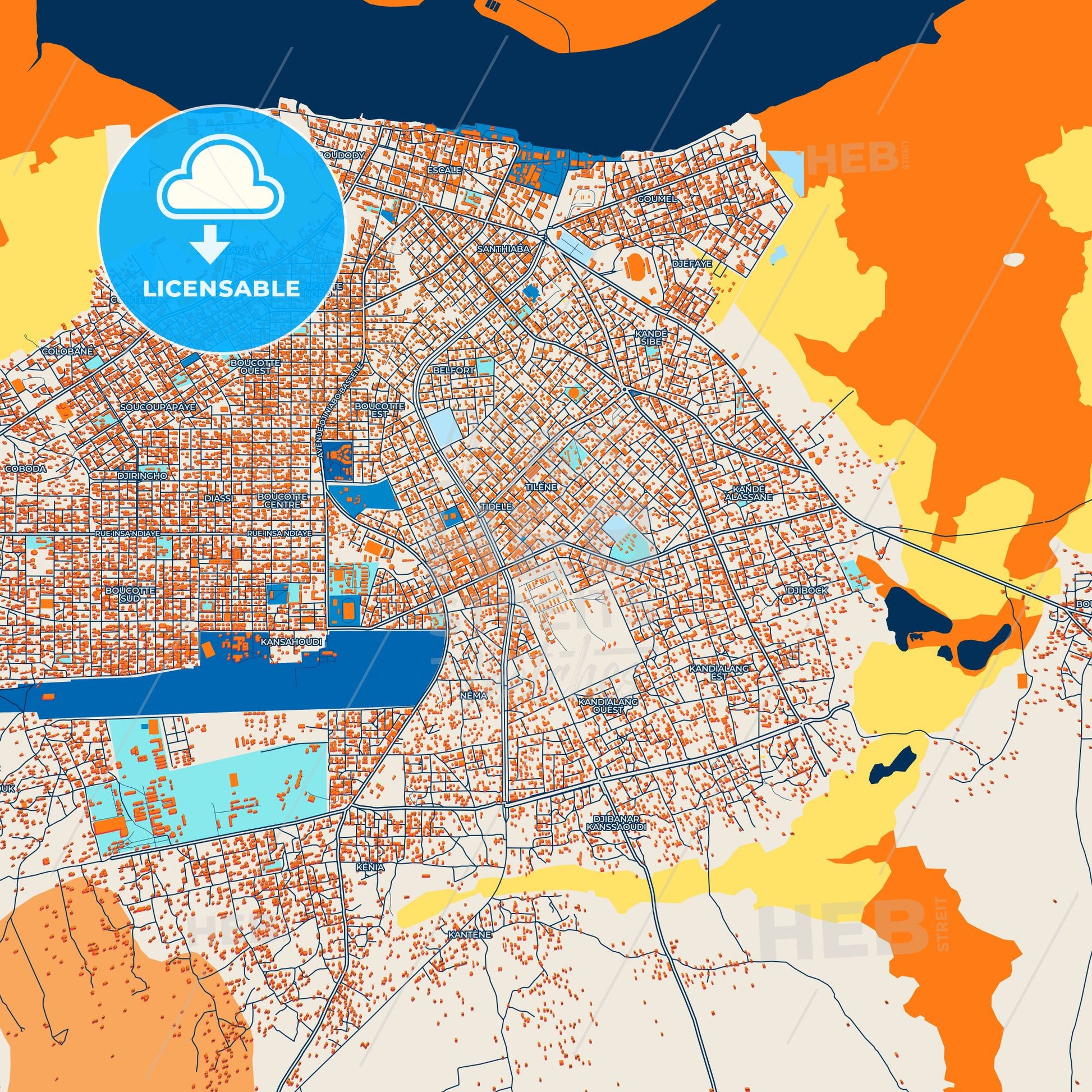 Colorful Ziguinchor Street Map with Labels and Buildings