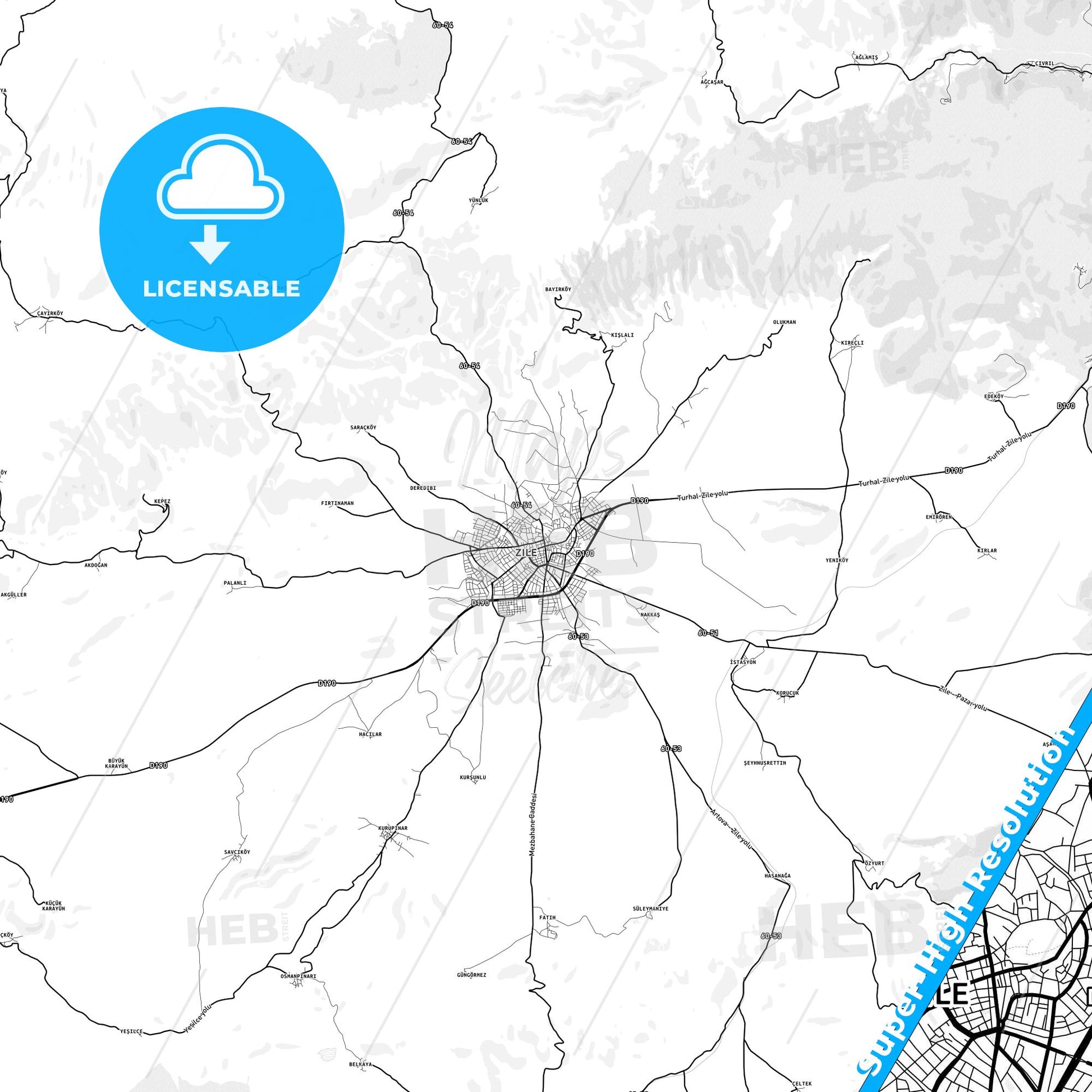 Zile, Turkey light map with streetnames, citynames and districts